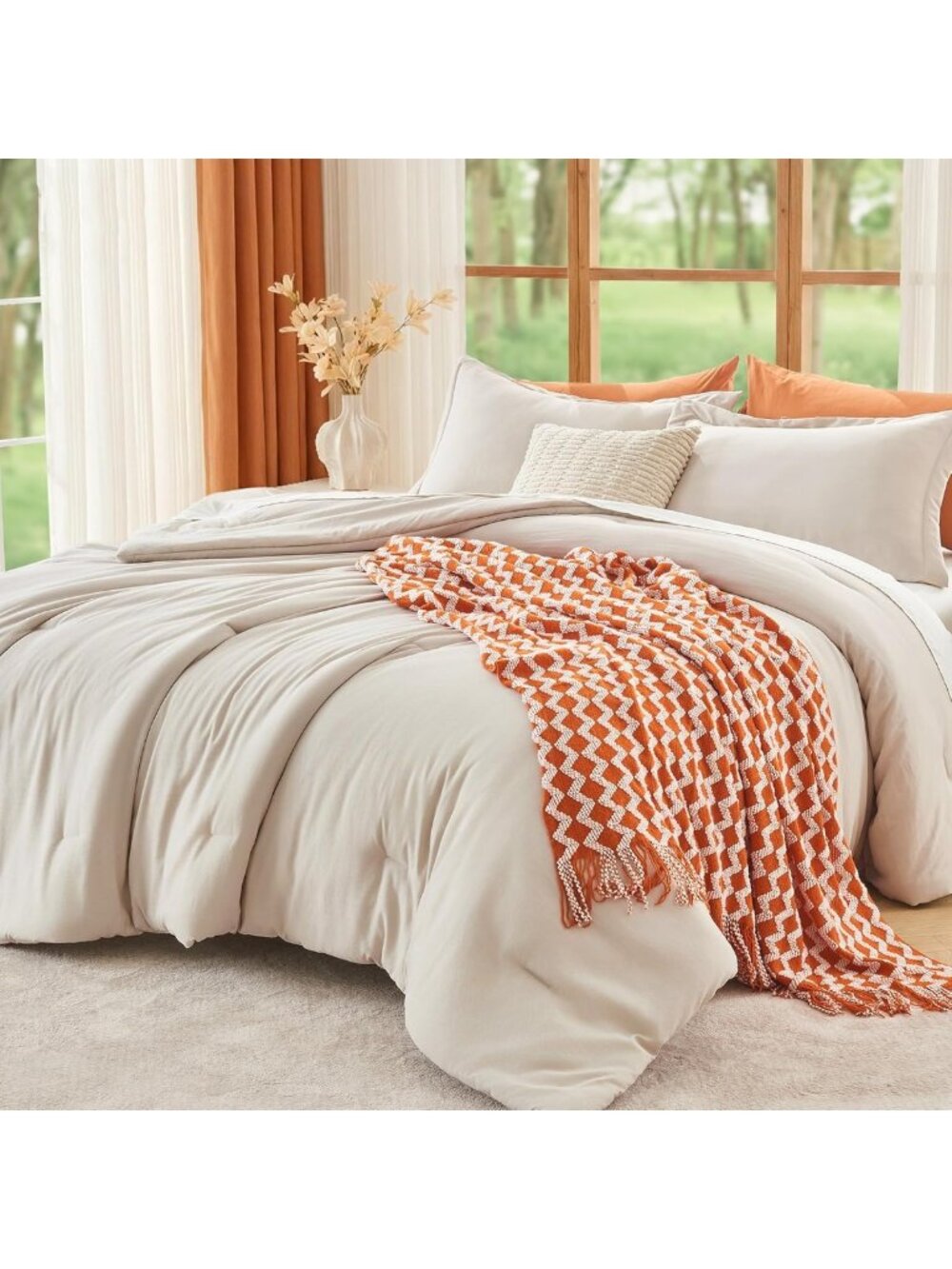 Cozy Queen Comforter Set - 3 Piece Beige Solid Bedding, All Season Down